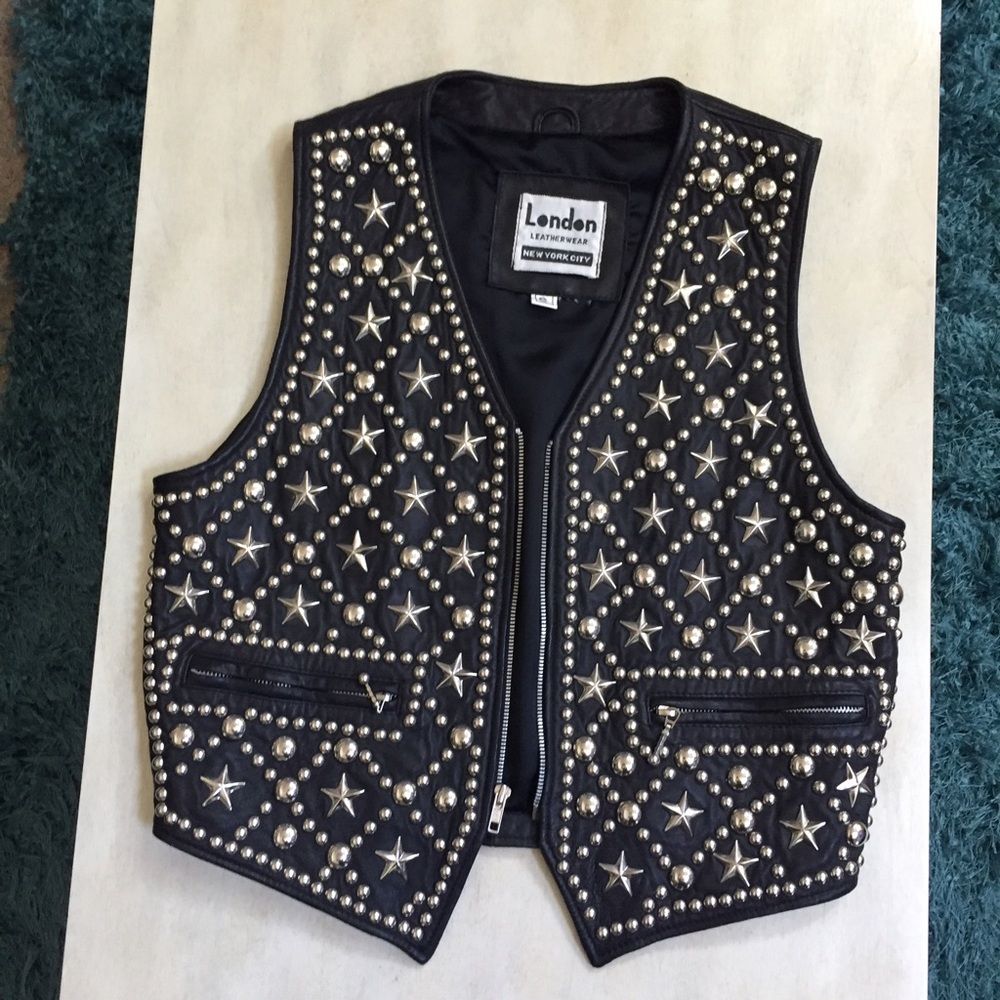 Women's Black Studded Star Leather Vest